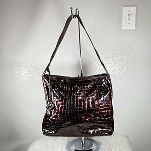 Patent Croc-Embossed Shoulder Bag in Dark Brown